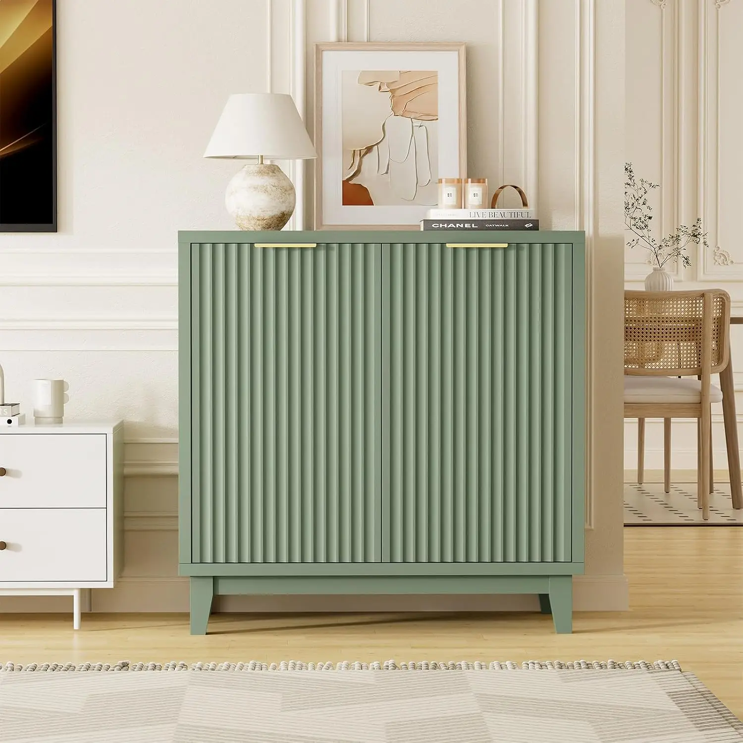 Fluted Sideboard Cabinet 2 Door Storage Buffet Mid Century Modern Living Dining Room, Customized