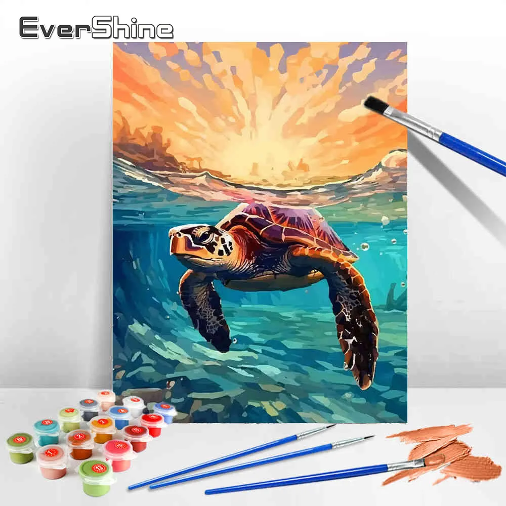 Evershine Paint Kit Turtle Handpainted Art Drawing By Numbers Set Animal Adult Number Painting Home Decoration