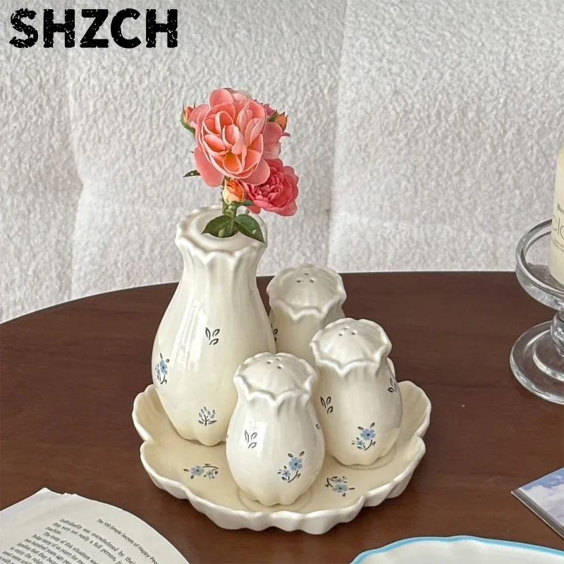 Floral Dining Table Ceramic Tray Salt & Pepper Shakers Decoration Ornament Living Room Small Desktop Vase  Dinnerware