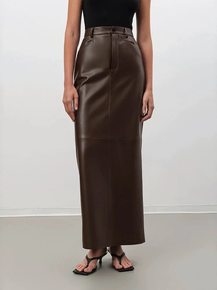 Foamlina Elegant Brown Faux Leather Maxi Skirt High Waist Straight Cut Back Slit Vintage Style Slimming Office Street Long Skirt
