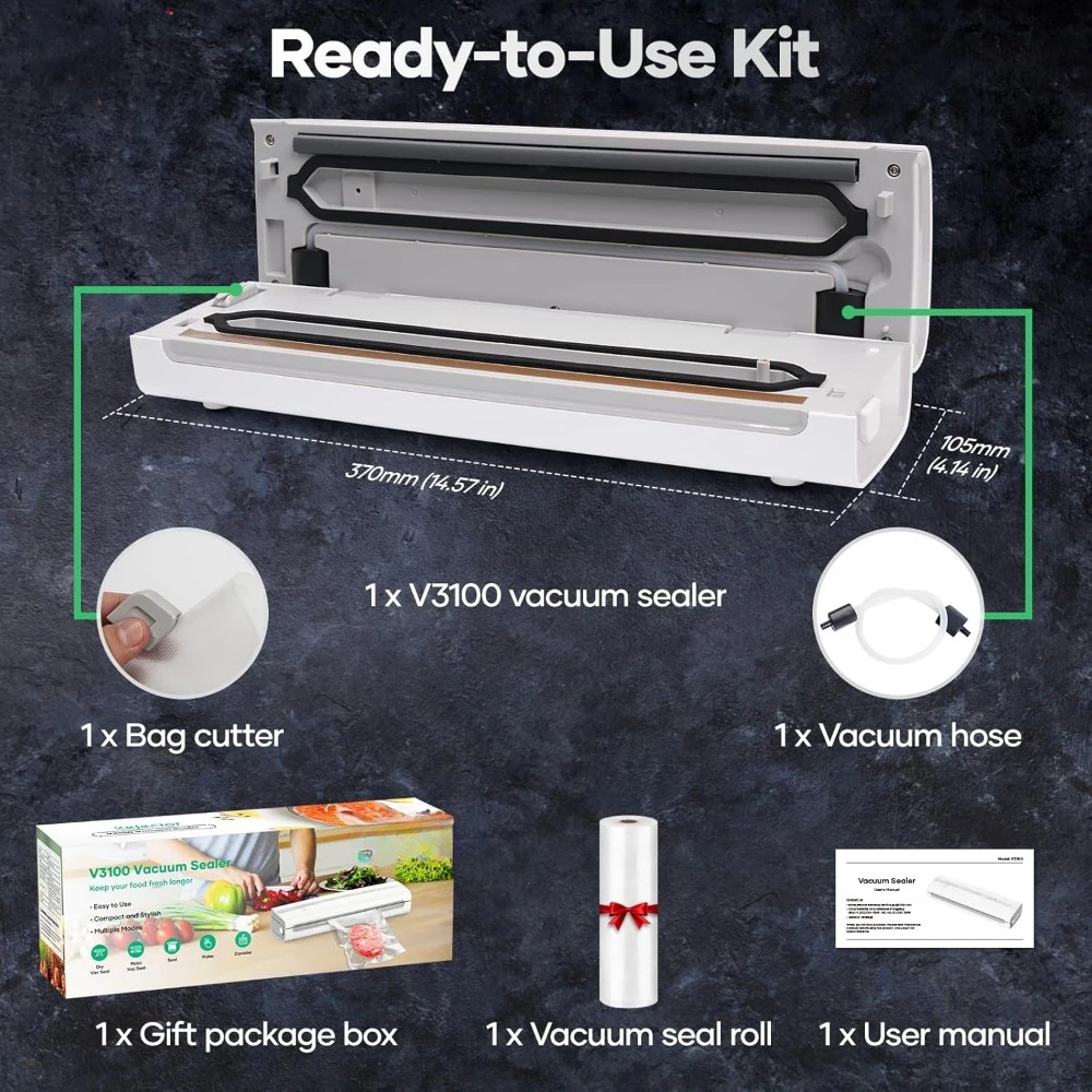 Vacuum Sealer Machine, Dry/Moist with Seal Rolls, Bag Cutter, Vacuum Hose, Compact Full Automatic Food Sealer