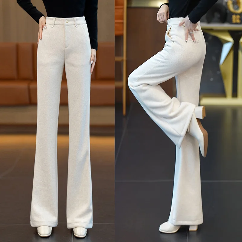 Elegant Commuting Woolen Flared Suit Pants for Women, Autumn and Winter New Fashion, High Waist Slimming Flared Pants Trend