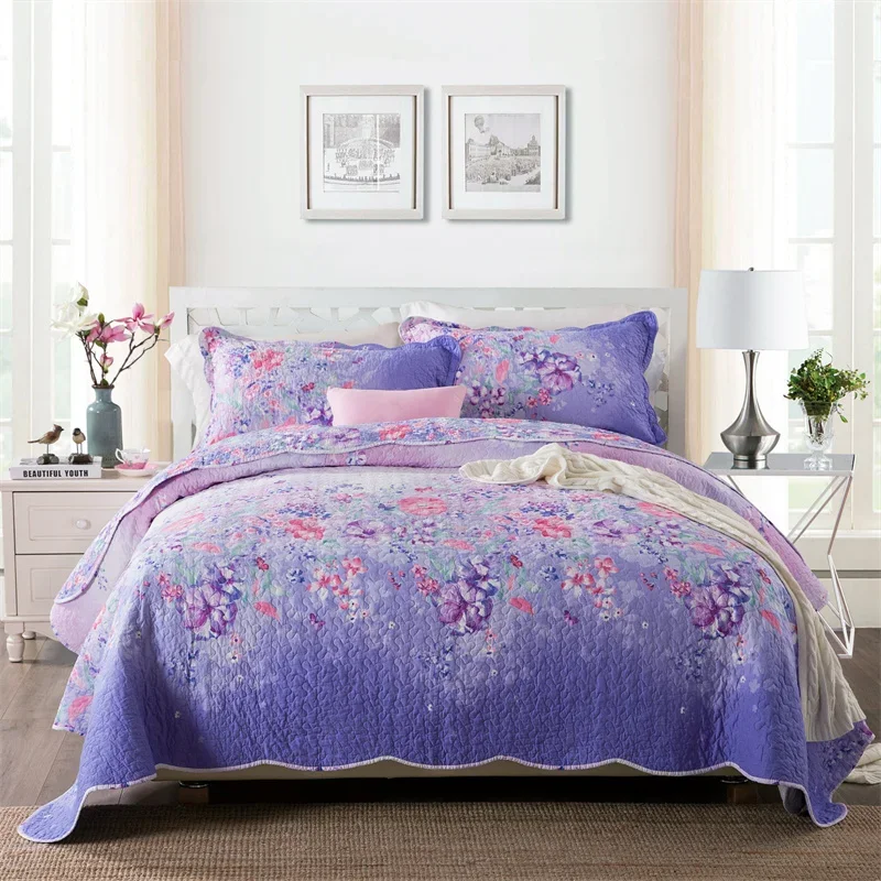Floral Style Cotton Quilt Set 3pcs, Quited Bedspread on the Bed, American Blanket Coverlet, Padding Cubrecam Bed Cover Colcha