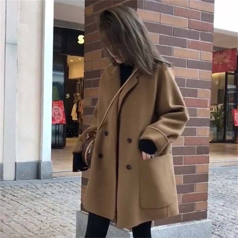 Korean Style Autumn Winter Woolen Coat Women Suit Collar Loose Elegant Temperament Mid-length Jacket Ladies Trendy Tops Outwear