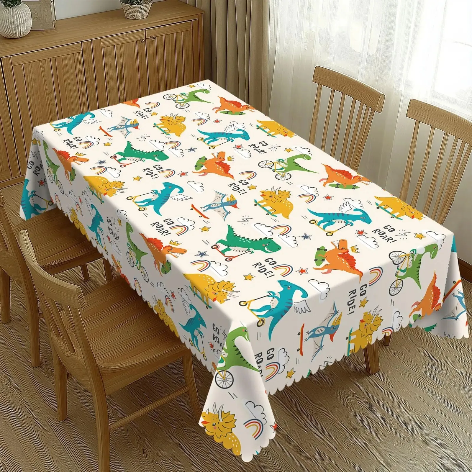 

Cartoon Dinosaur Waterproof Polyester Tablecloth 2D Flat Printed Kids Room Table Cover For Birthday Party Kitchen Home Decor