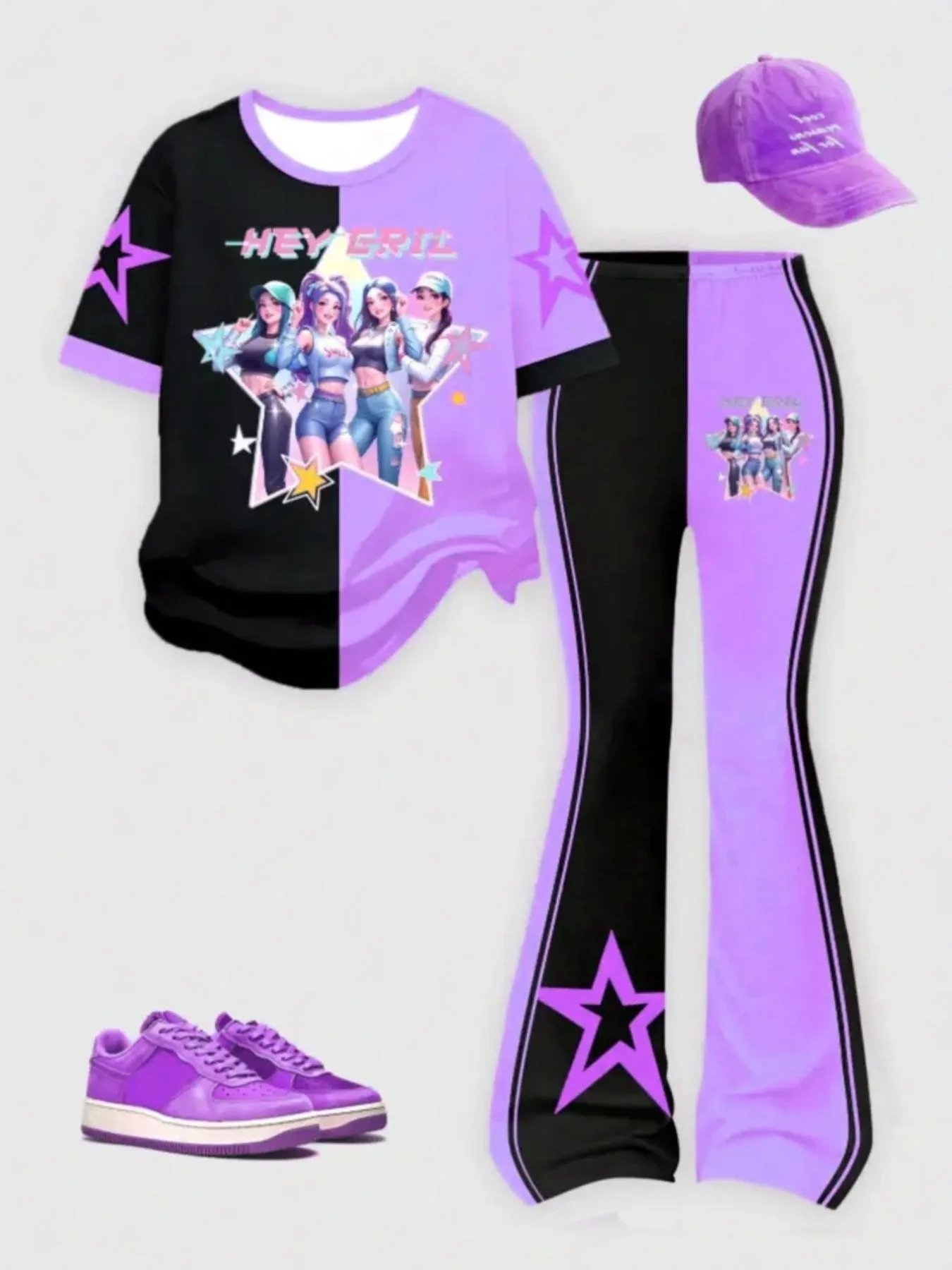 Trendiges 2-teiliges Y2K-Freizeitoutfit für Mädchen, schwarzes, lila T-Shirt mit Cartoon-Grafikdruck, gestreifte Schlaghose mit Sternen-Dekor für S – Detail 4
