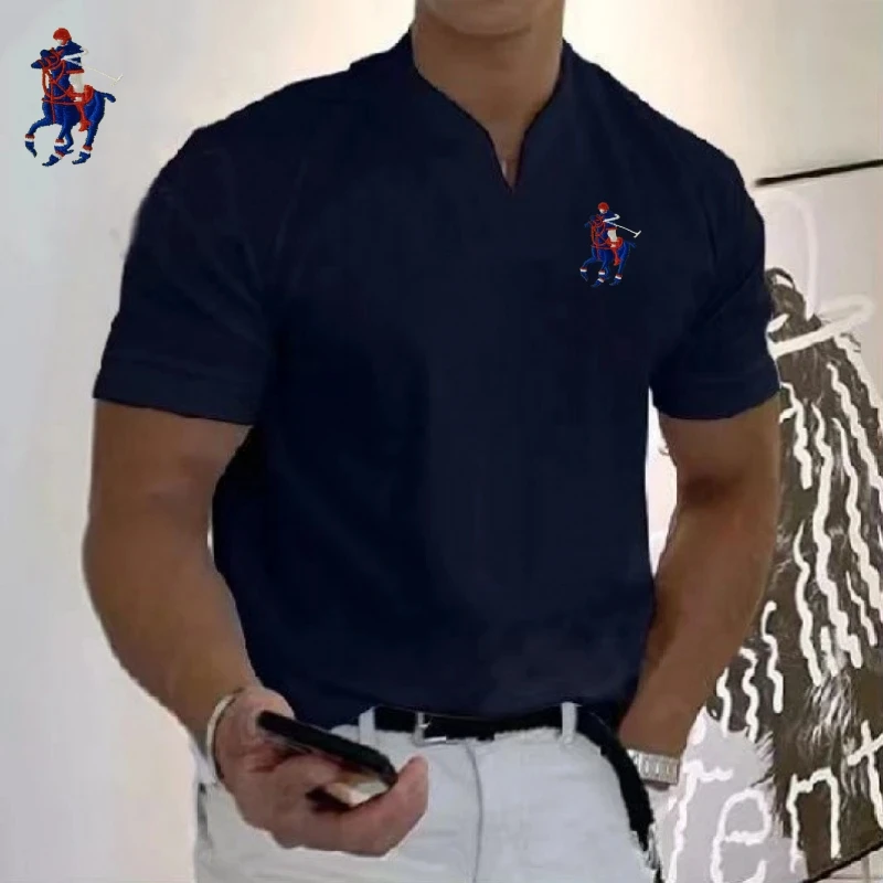 Neues Herren-Poloshirt aus bestickter Baumwolle mit kurzen Ärmeln und V-Ausschnitt, Sommermode, lässig, Business-Multifunktionsoberteil