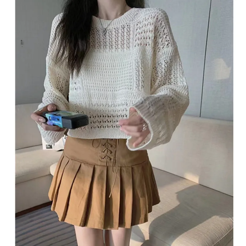 Sweet Breathable Hollow Women Tops Hook Flower Loose Knit Blouse Sun Protection Tops Sun-proof Clothing