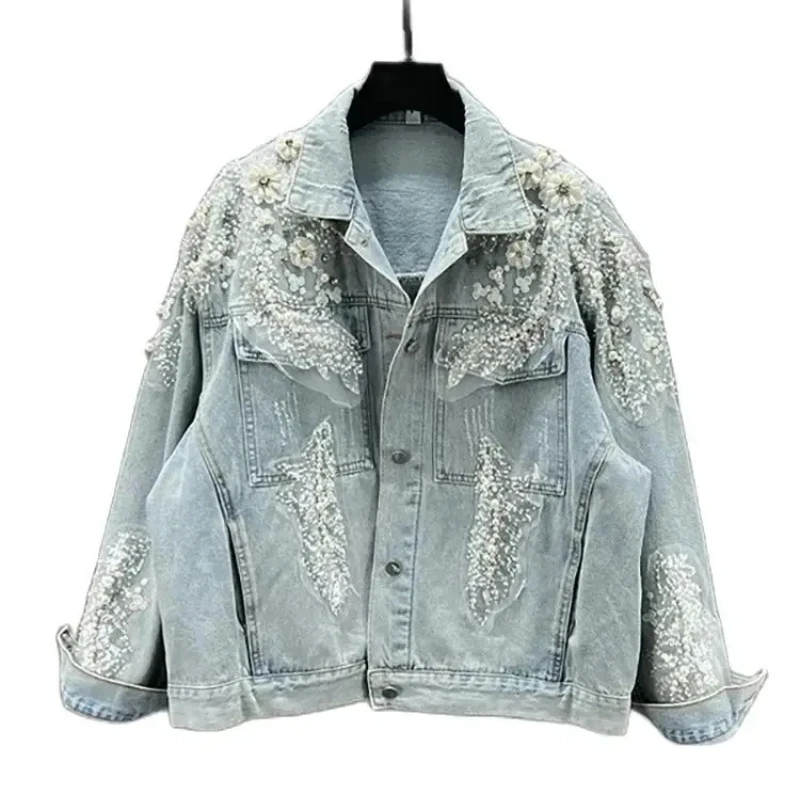 Women Floral Embroidery Sequins Denim Coat Pearls Crystal Beading Floral Lace Jeans Jacket Single Breasted Cowboy Cardigan Tops