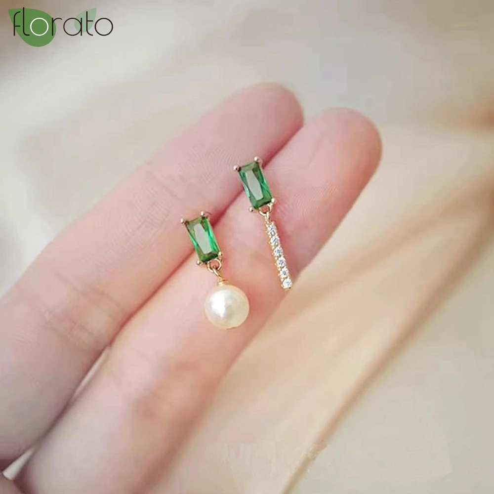 

925 Sterling Silver Needle Elegant White Imitation Pearl Earrings Green Luxury Zircon Stud Earrings for Women Fashion Jewelry