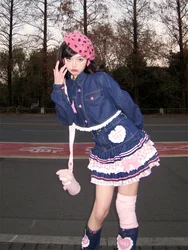 Japanese Sweet Lolita Mini Skirts Ball Gown Women Harajuku Cute Denim Skirt Preppy Style Girls High Waist Kawaii Lace Cake Skirt