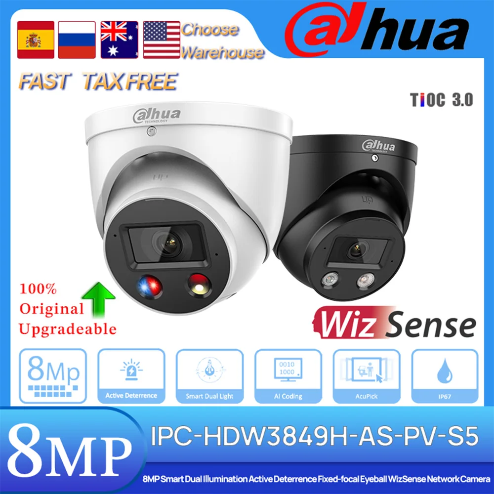 

Dahua Original IPC-HDW3849H-AS-PV-S5 8 MP Smart Dual Illumination Active Deterrence Fixed-focal Eyeball WizSense Network Camera