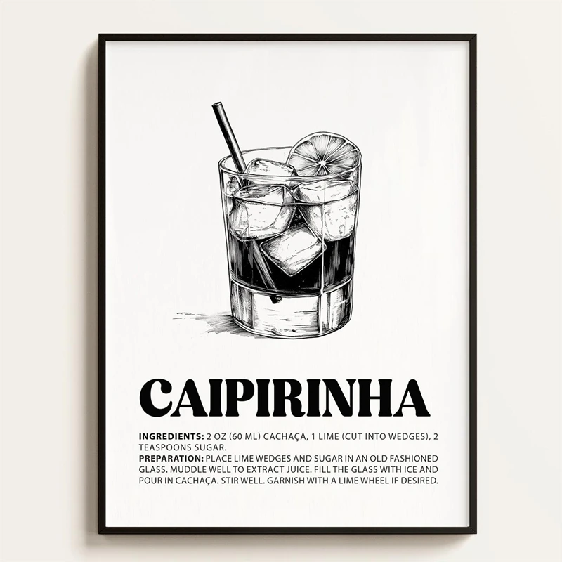 Vintage Old Fashioned Cocktail Recipe Art Poster Retro Cocktail Ink Art Print Canvas Painting Wall Art Picture for Home Decor