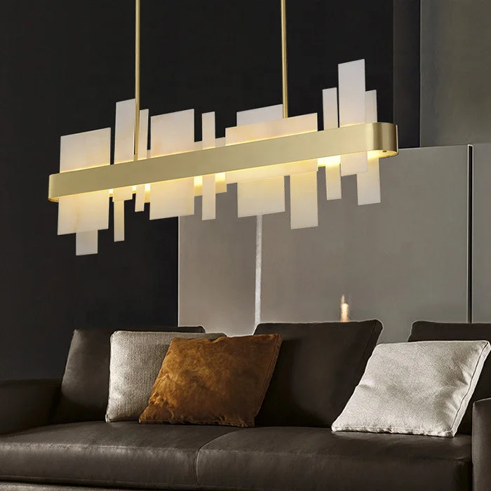 Lámpara Colgante de Cobre de Estilo Nórdico Minimalista, Diseño Simple, Lámpara Colgante de Mármol Español Rectangular Larga para Iluminación Decorativa