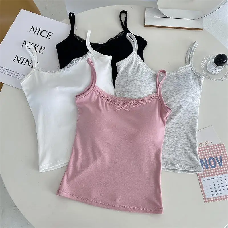 Summer Lace Bows Women Camis Korean Crop Tops Sexy Backless Vest with Padded Bm Style Camisole Streetwear Female Tank Tops