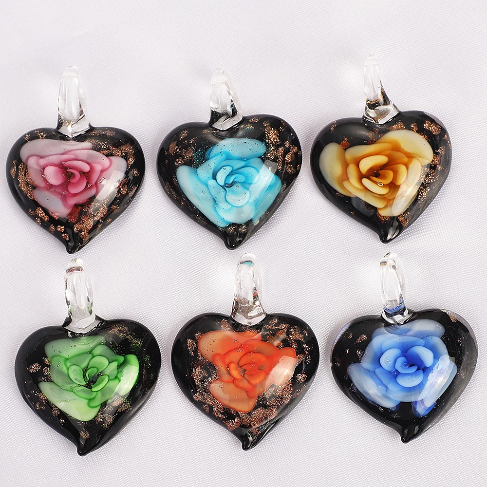 Qianbei Wholesale 6pcs Handmade Murano Lampwork Glass Mix Color Rose Flower Heart Pendant Fit Necklace Jewelry Gifts Women