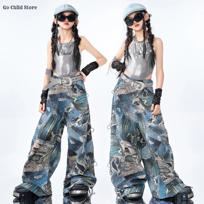 

Hip Hop Kids Crop Top Street Dance Patchwork Jeans Pants Girls Streetwear Children Jazz Stage Show Costumes K-pop Clothes Sets
