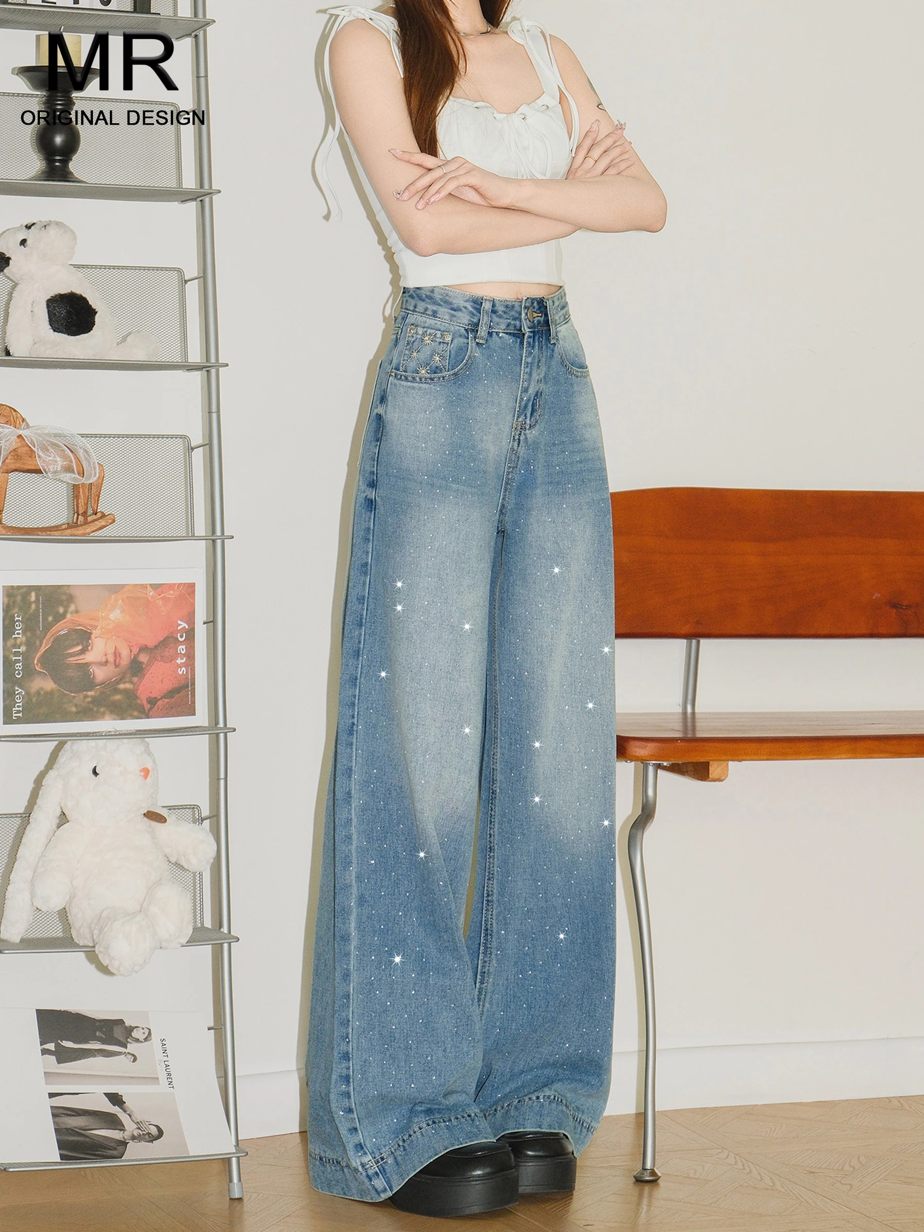 

Retro Light Blue Rhinestone Wide Leg Denim Jeans Women's Loose Slimming Drapey Straight Long Pants Summer Style High Waist Ca...