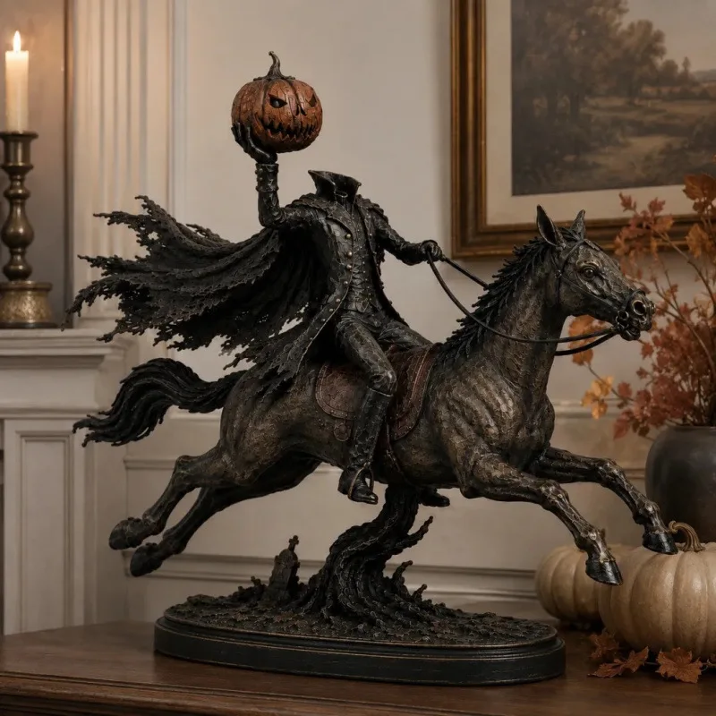 2026 New Headless Horseman Statue Halloween Pumpkin‑Head Horse‑Rider Figurine Spooky Gothic Tabletop Halloween Home Decoration