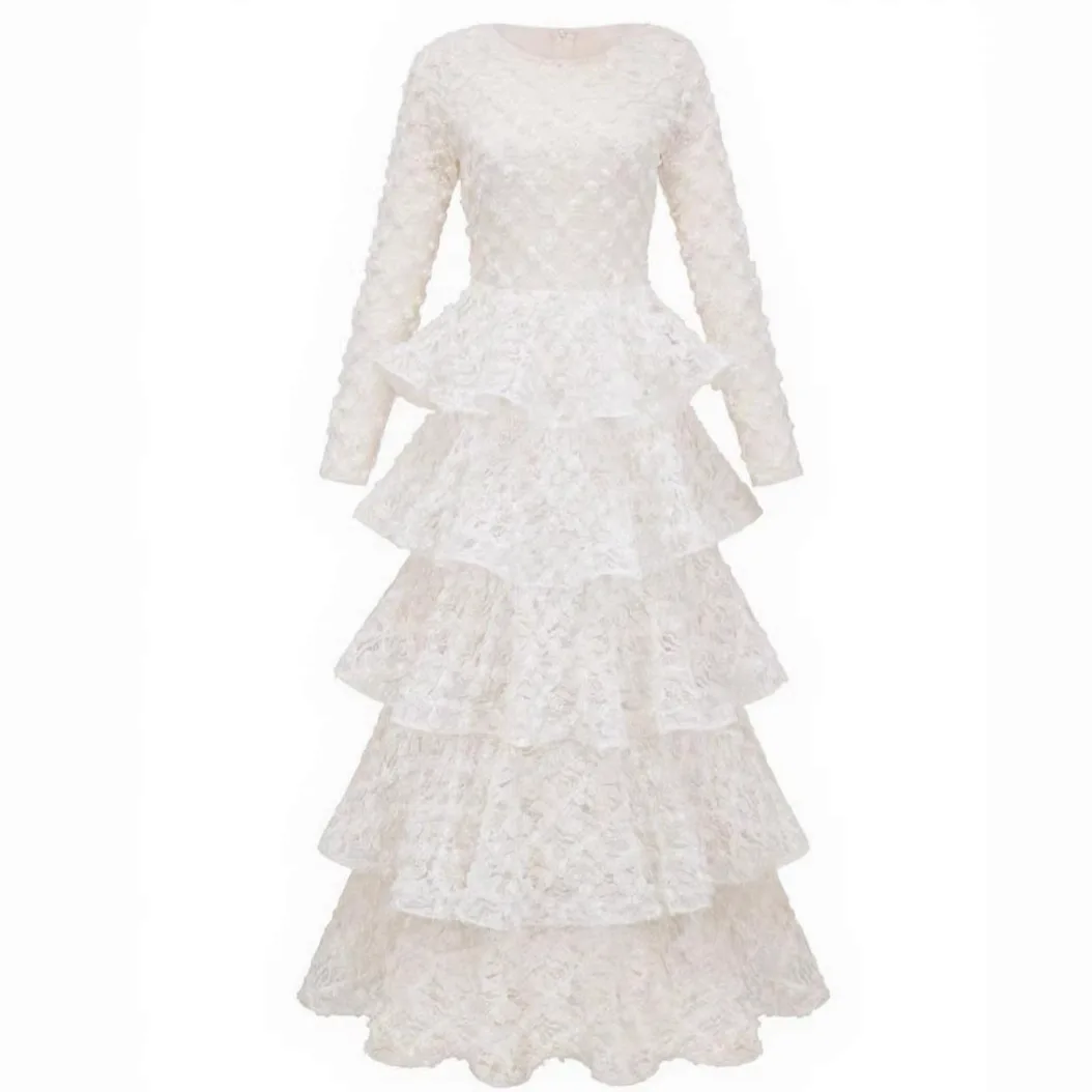 Summer Embroidery Lace Prom Dress Women French Luxury 3D Flower Short Sleeve Long Dresses Party Bodycon Holiday Cake Vestido