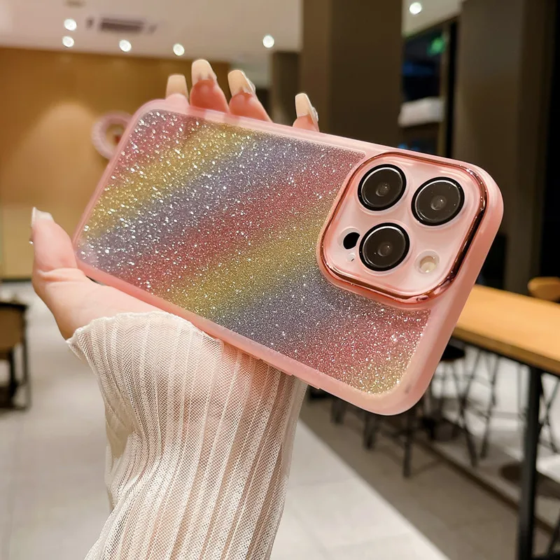 Comes With Lens Film Phone Case For IPhone 15 14 Pro Max 13 12 11 Xs Xr 7 8 Plus SE2/SE3 Rainbow Glitter TPU Soft Back Cover