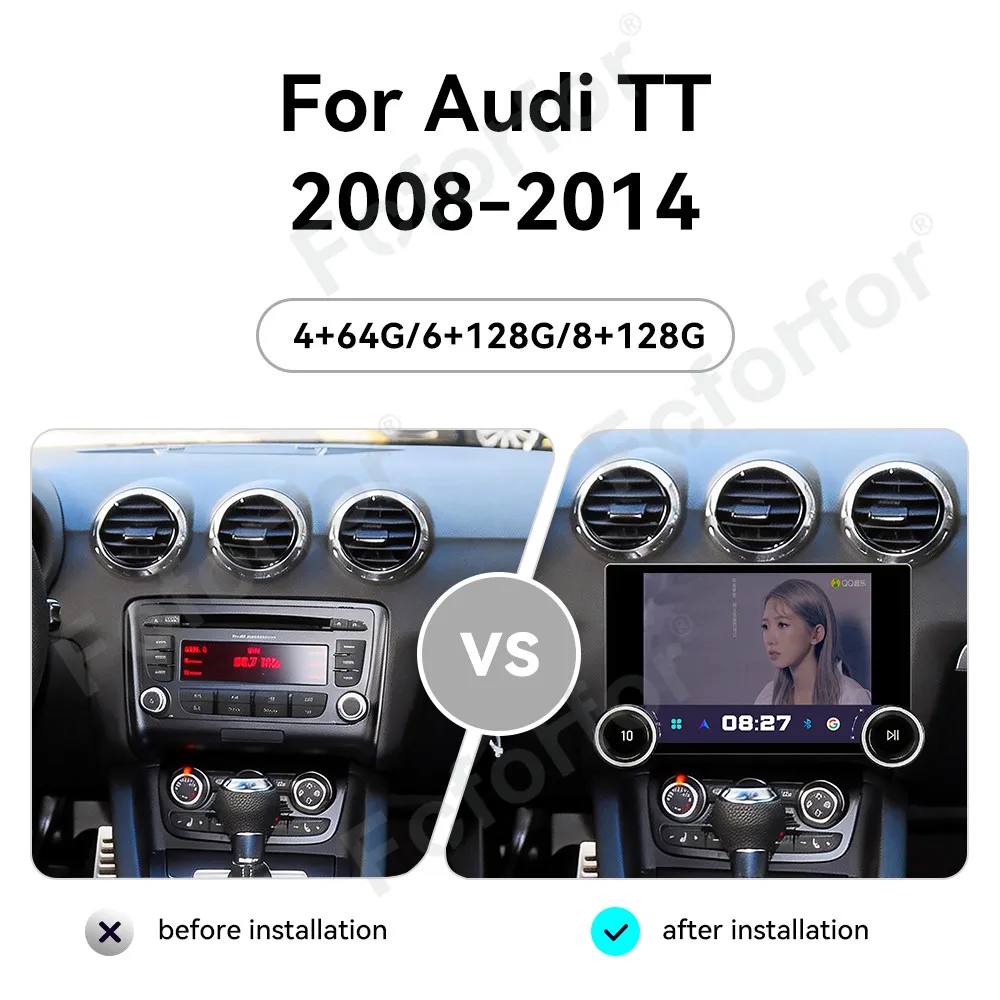 Smart Android 15 Car Head Unit Ultra-thin HD Screen Wireless Carplay GPS Navigation Stereo Radio Device For Audi TT 2008-2014