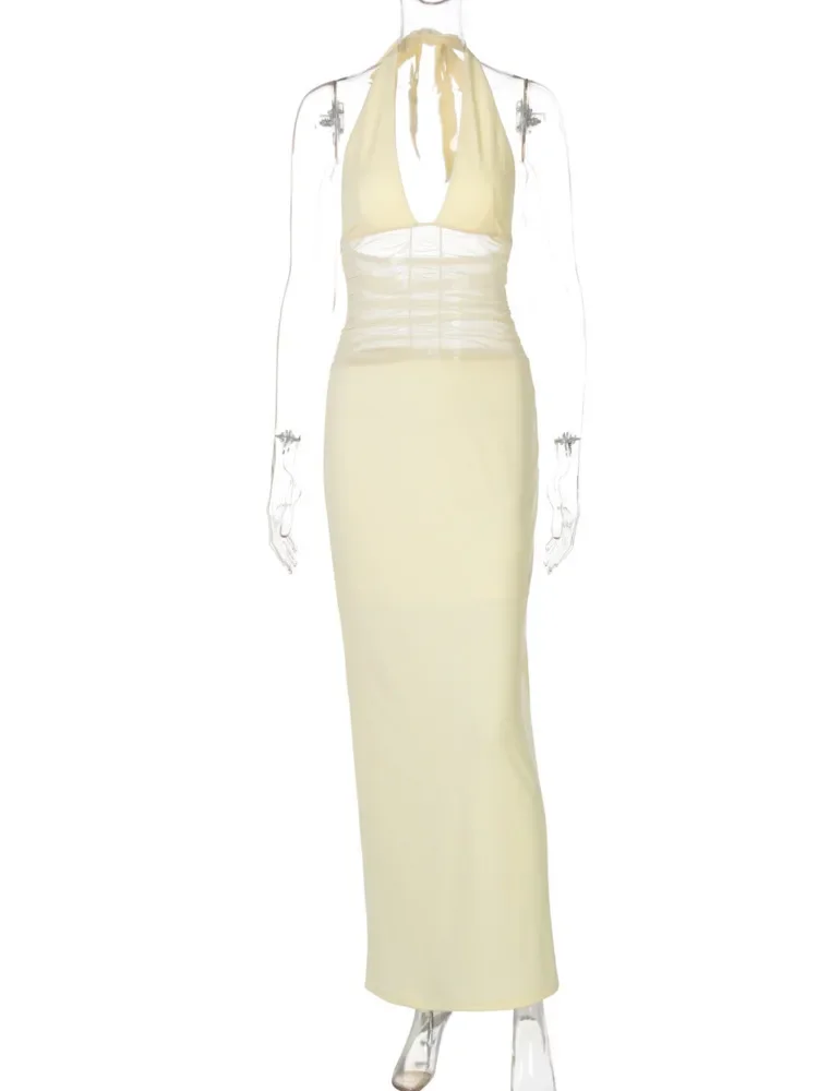 Mesh Deep V-neck Sleeveless See Hrough Backless Lace-up Sexy Dress For Women Patchwork Fashion Slim Party Evening Dress