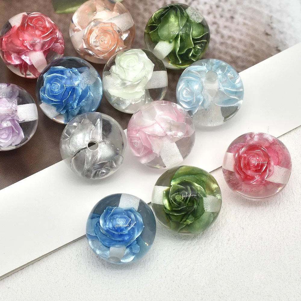 10PCS 16mm Glow In The Dark Floral Inlaid Clear Resin Spacer Beads Round Rose Beads for DIY Phone Chain, Keyring Decor Charms