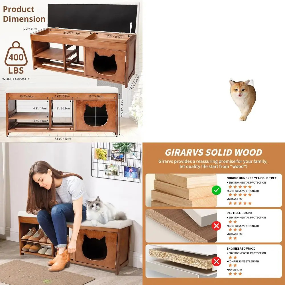 

2-Tier Solid Wood Entryway Bench with Hidden Drawer & Cat Cabinet, 43.3 Storage Shoe Rack with Cushion, Holds 400+ lbs