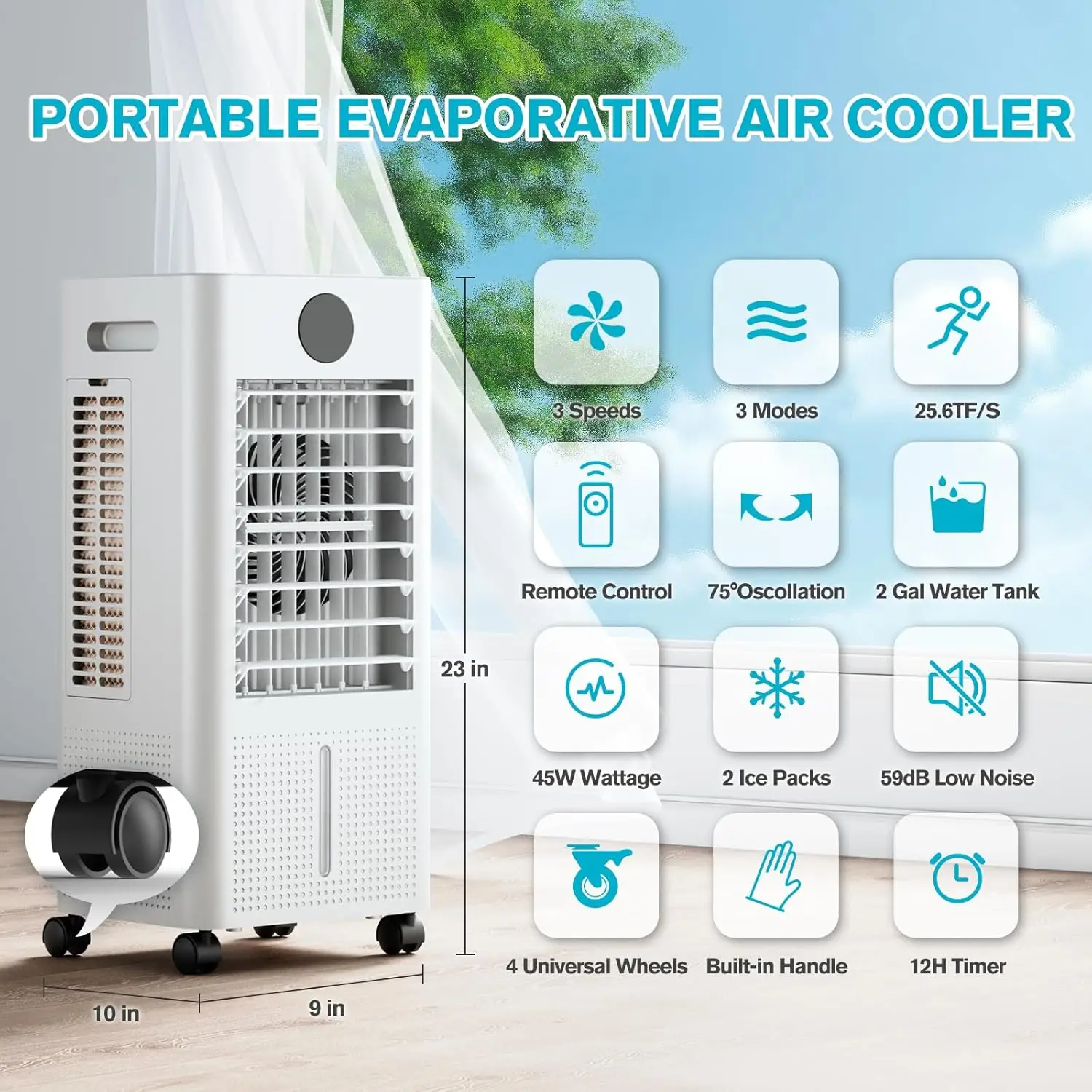 Portable Air Conditioner, 12H Timer & 2-Gal Tank, 3-IN-1 Portable AC Unit with Remote, 75°Oscillation, 3 Modes & 3 Speeds, Ultra