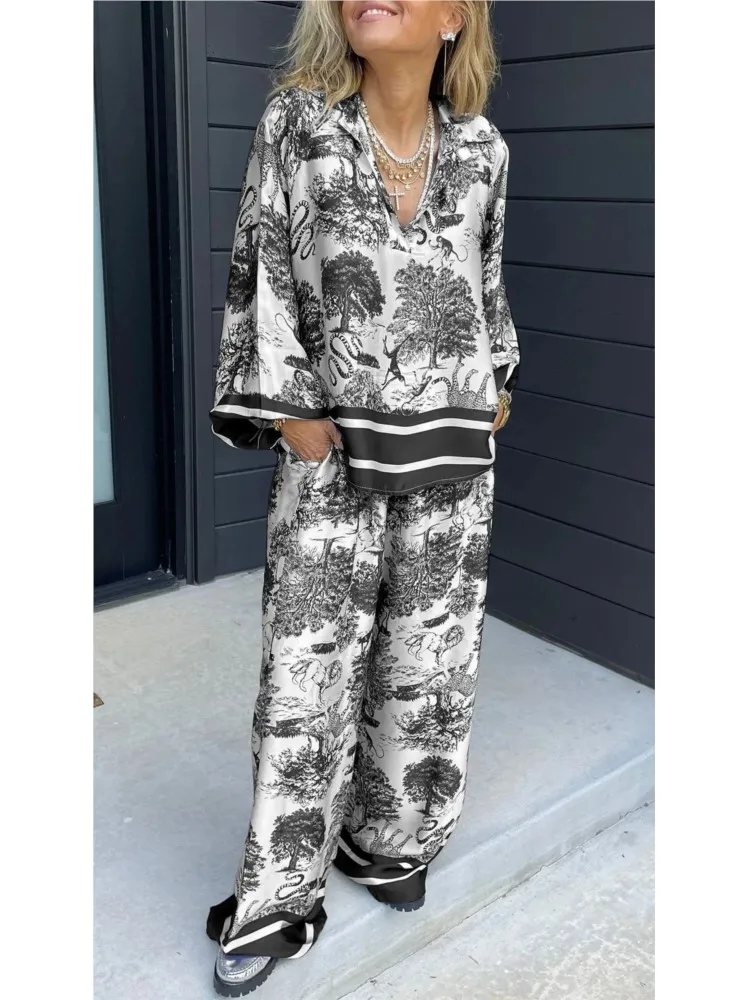 Camisa de manga larga para mujer, traje informal holgado con estampado Vintage y cuello en V, pantalones de pierna ancha, conjunto de 2 piezas para