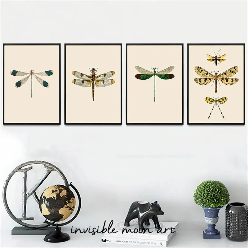 Peinture sur toile d'art historique naturelle vintage avec libellules, impressions murales d'insectes pour la décoration de la chambre d'enfant