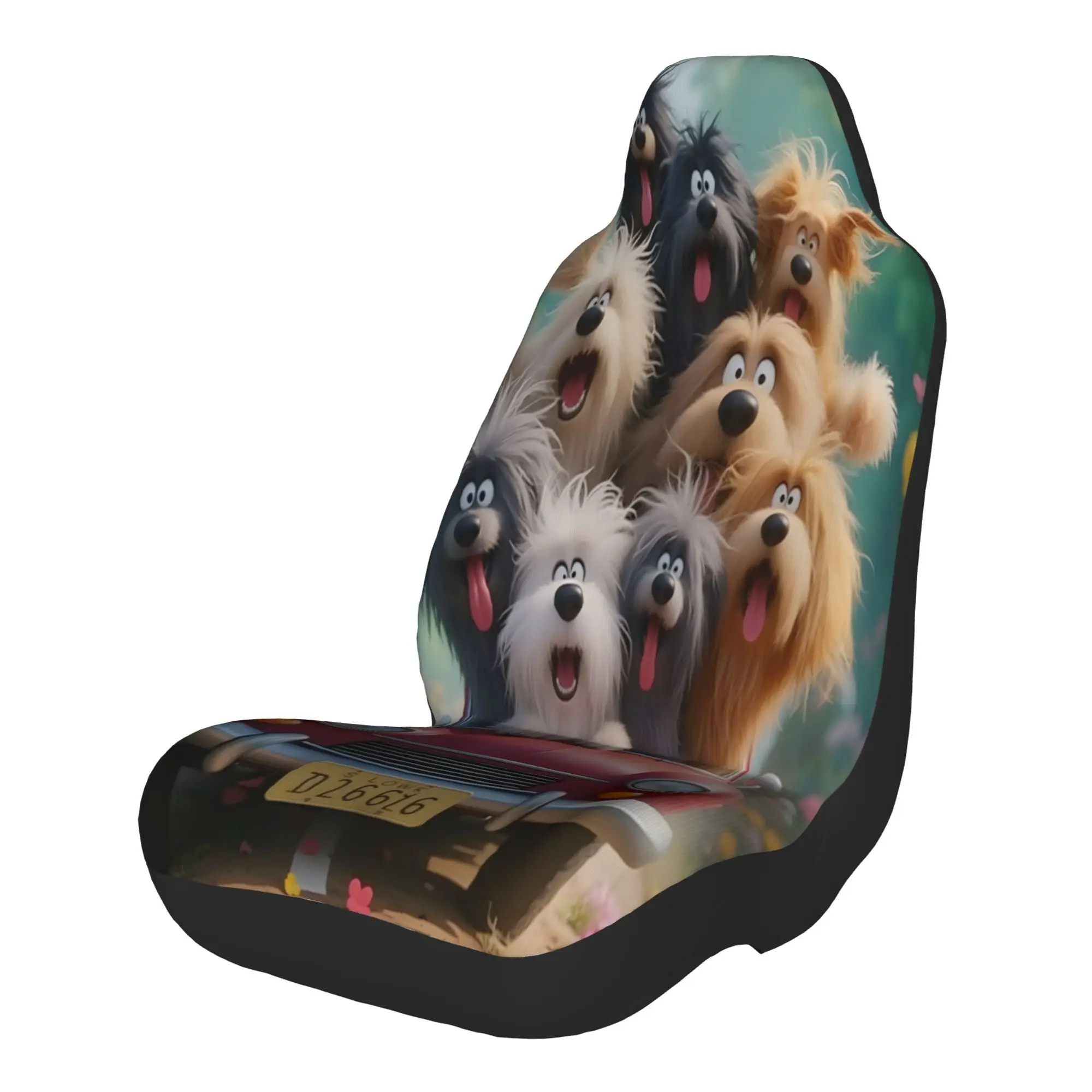 2pcs A Group Of Fluffy Dogs In A Red Car, Tongues Out, Happy And Excited On A Road Trip. Car Seat Covers, Suitable For All Vehic
