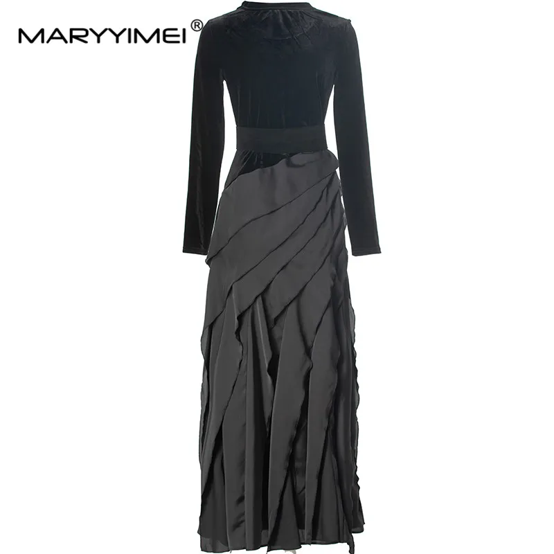 MARYYIMEI Fashion design Women's Straight Dress Long-Sleeved High waist Splicing Pretty Slim Dresses With Belt