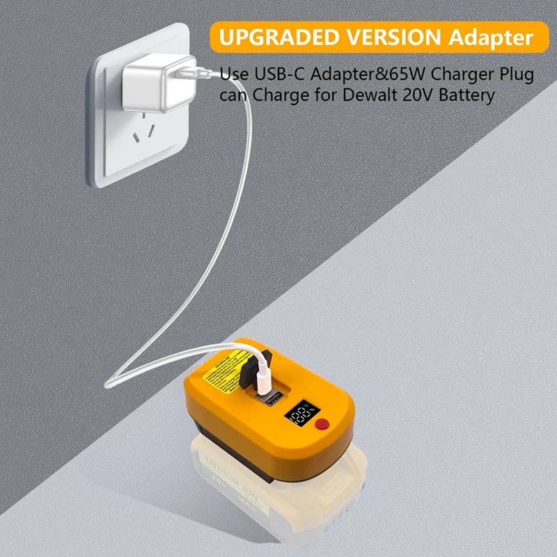 Caricatore USB C per batteria Dewalt 20V, 2 porte con USB-C Und USB-A, caricatore rapido da 65 W Adattatore di alimentazione PD 3.0 Alimentatore USB Durevole