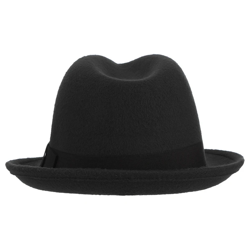 Unisex Roll Up Short Brim Felt Fedora Hats with Black Ribbon Women Men Trilby Jazz Hat