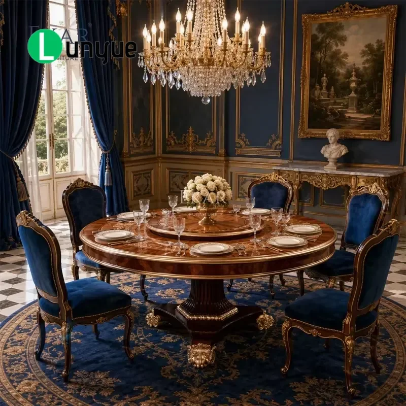 Gold Plated Tripod Dining Table French Neoclassical Round Column Burr Scroll Wood Deluxe Furniture for Living Room Home Decor
