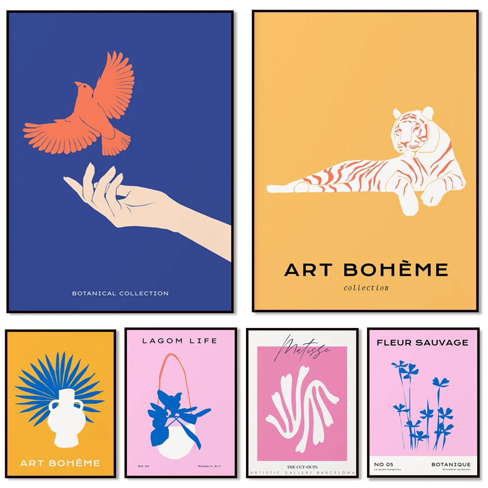 Impresión de Galería Imprimible: Planta Exótica Matisse en Tonos Rosa, Amarillo y Azul |   Impresión Lagom Life |   Póster decorativo con estampado artístico bohemio