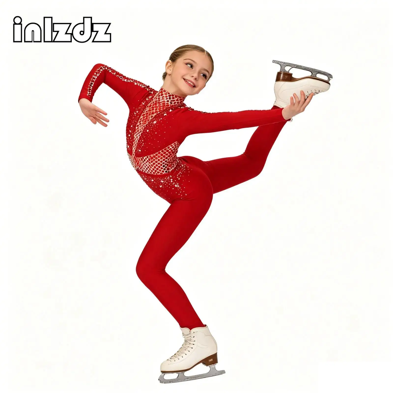

Kids Girls Gymnastics Jumpsuit Long Sleeve Sequins Rhinestones Full Body Leotard for Ballet Dance Figure Ice Skating Performance