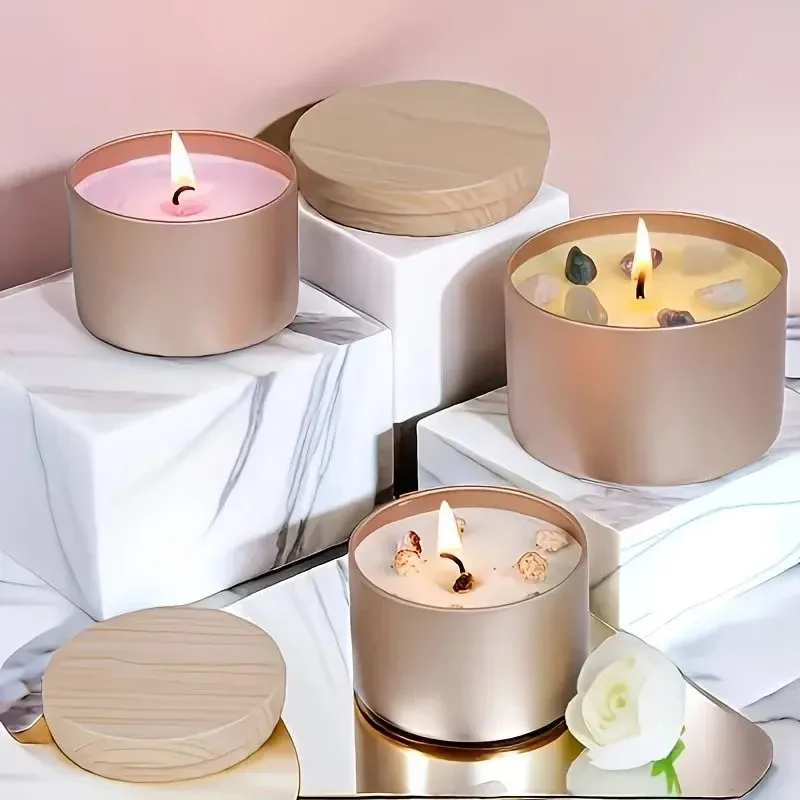 2026 topquality 4oz rose gold metal candle containers,wood grain lid iron jars 6pcs,for diy scented candle making supplies craft