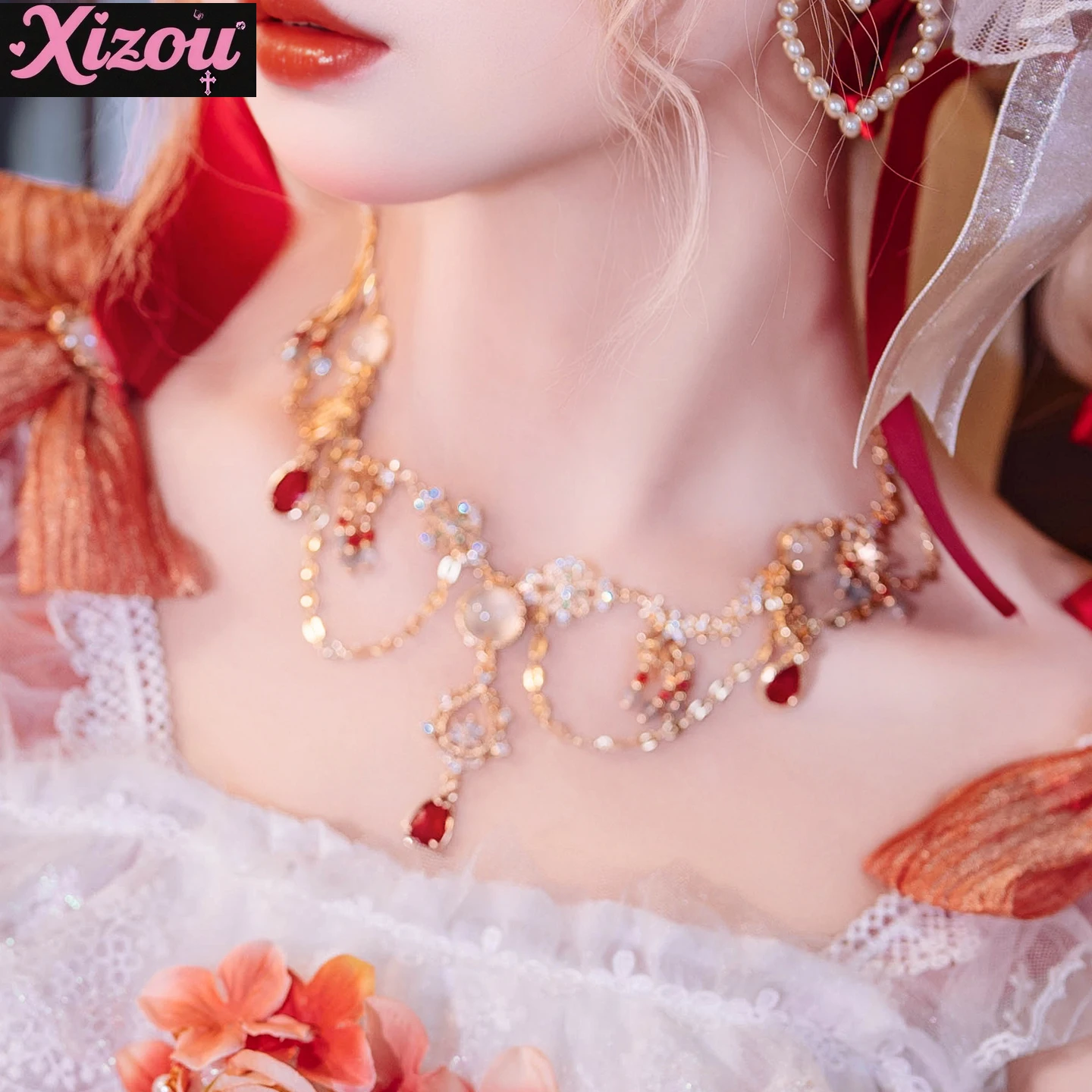 ロリータ風小物帽子ネックレス手袋ヘアアクセサリーフラワーウェディングネックヘッドドレスBntフラットハット女性用