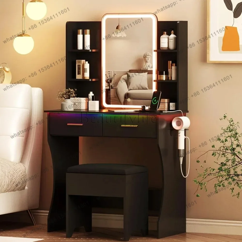 Vanity Desk with LED Lights and Power Outlet, Small Makeup Vanity Table Set with Storage Drawers and Chair