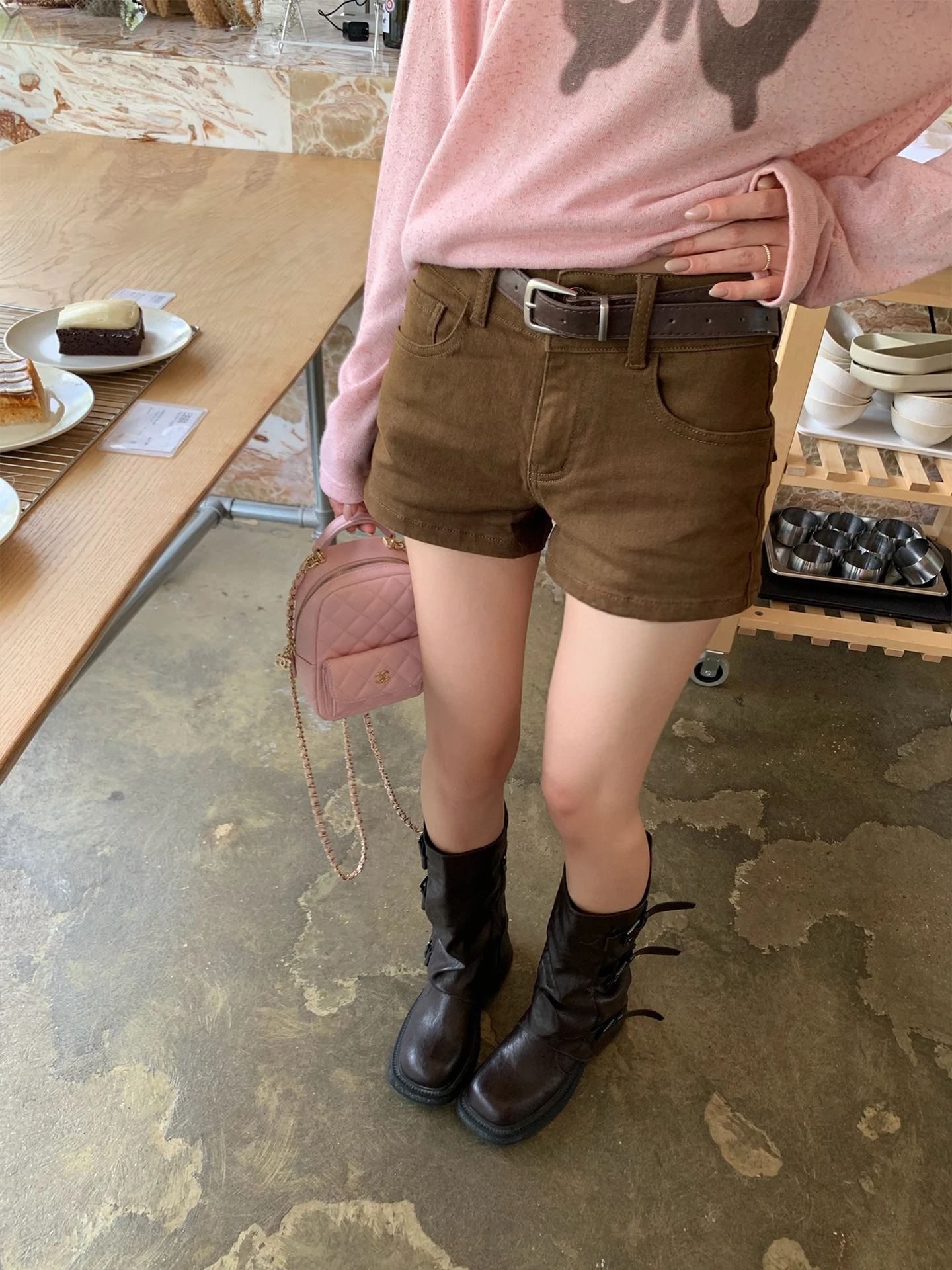 Coffee Color Denim Short Pants Women's Loose Straight Leggings Autumn Korean Style Small Size Casual High Waist Zipper Fly