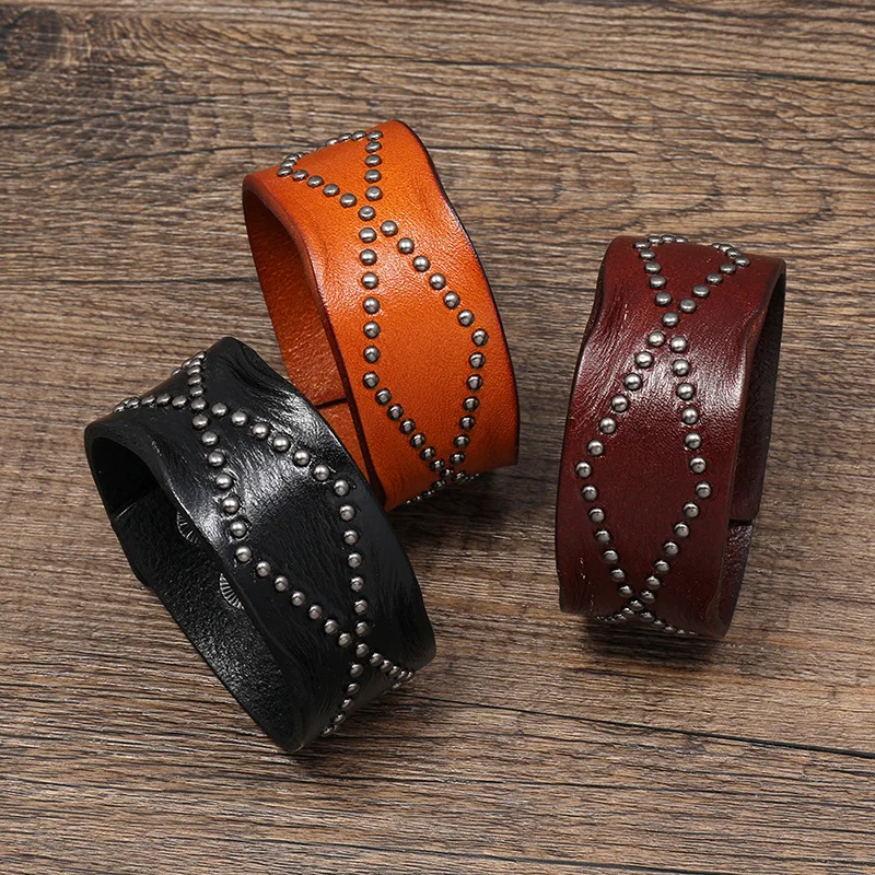 

Punk Mens Bracelets Wide Rivet Leather Wrap Wristband Jewelry Black Color Cuff Man Bangles Daily Wear Gifts