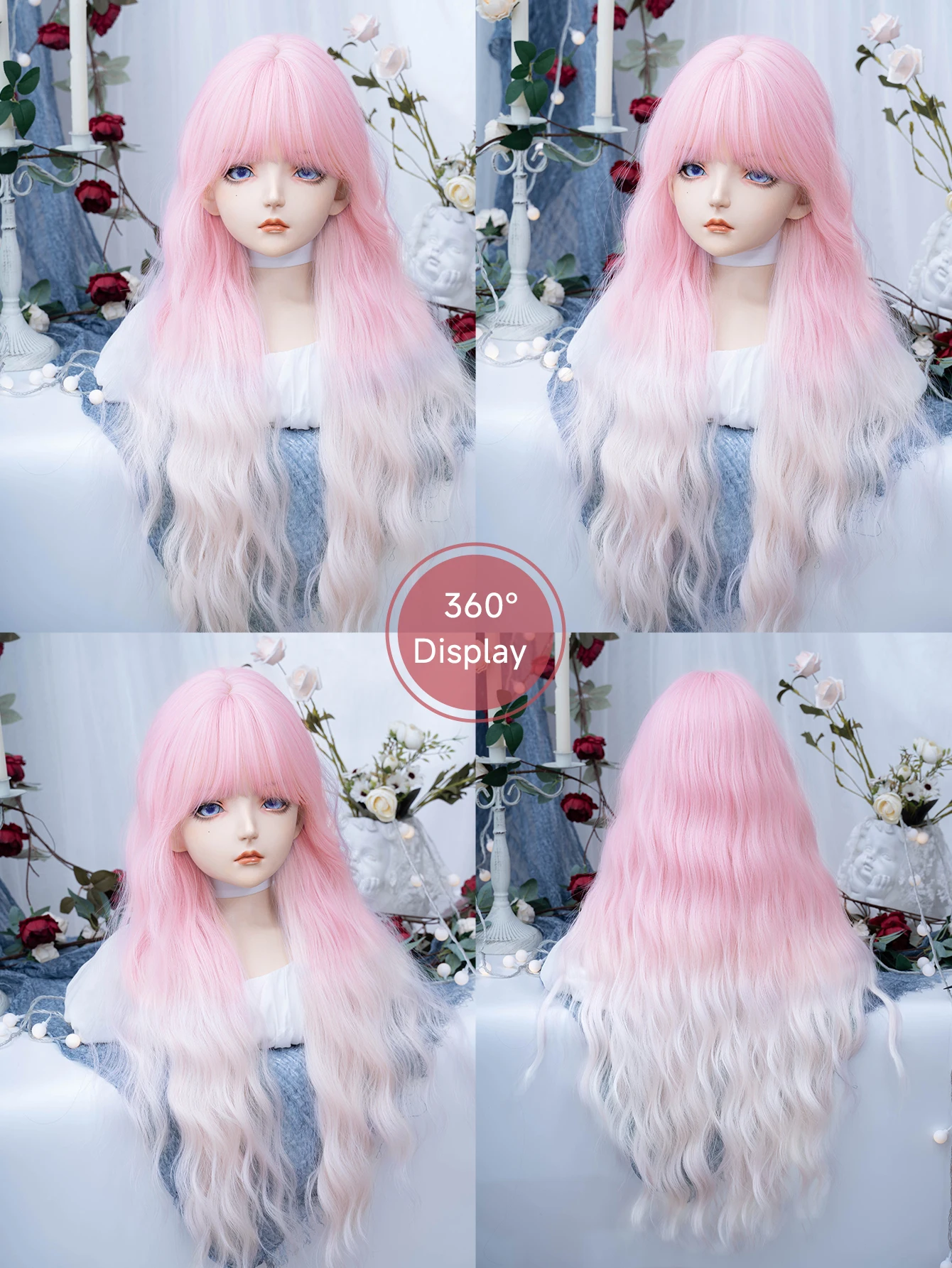 30Inch Lively Girl Style Pink-White Ombre Synthetic Wigs with Bangs Long Wavy Hair Wig for Women Daily Cosplay Heat Resistant