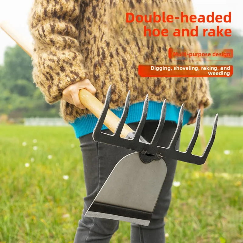 Dual Purpose Farm Hoe Rake High Carbon Steel Weeding Root Removal Tilling Loosening Soil Deep Cultivation Outdoor Plant