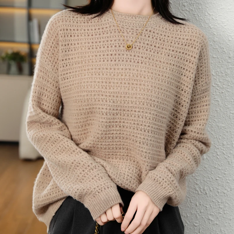2024 Autumn/Winter New 100% Merino Wool Hollow Out Sweater Women\'s Clothing Korean Luxury Loose Large Cashmere Knitted Pullover
