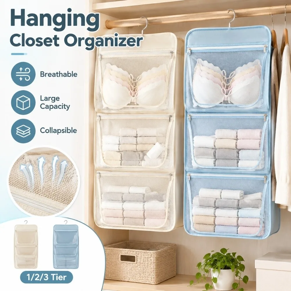 1/2/3 Tier Hanging Closet Organizer Breathable Large Capacity Underwear Net Pocket Collapsible With Hook Mesh Storage Bag