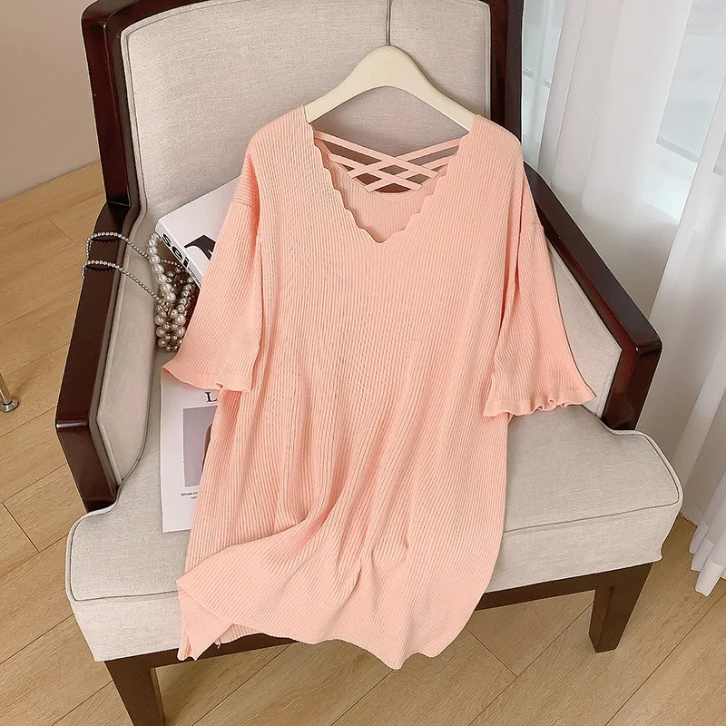 Plus Size 160Kg Women's Bust 160 Summer Loose V Neck Short Sleeve Knit Shirt Black Apricot Black 6XL 7XL 8XL 9XL 10XL