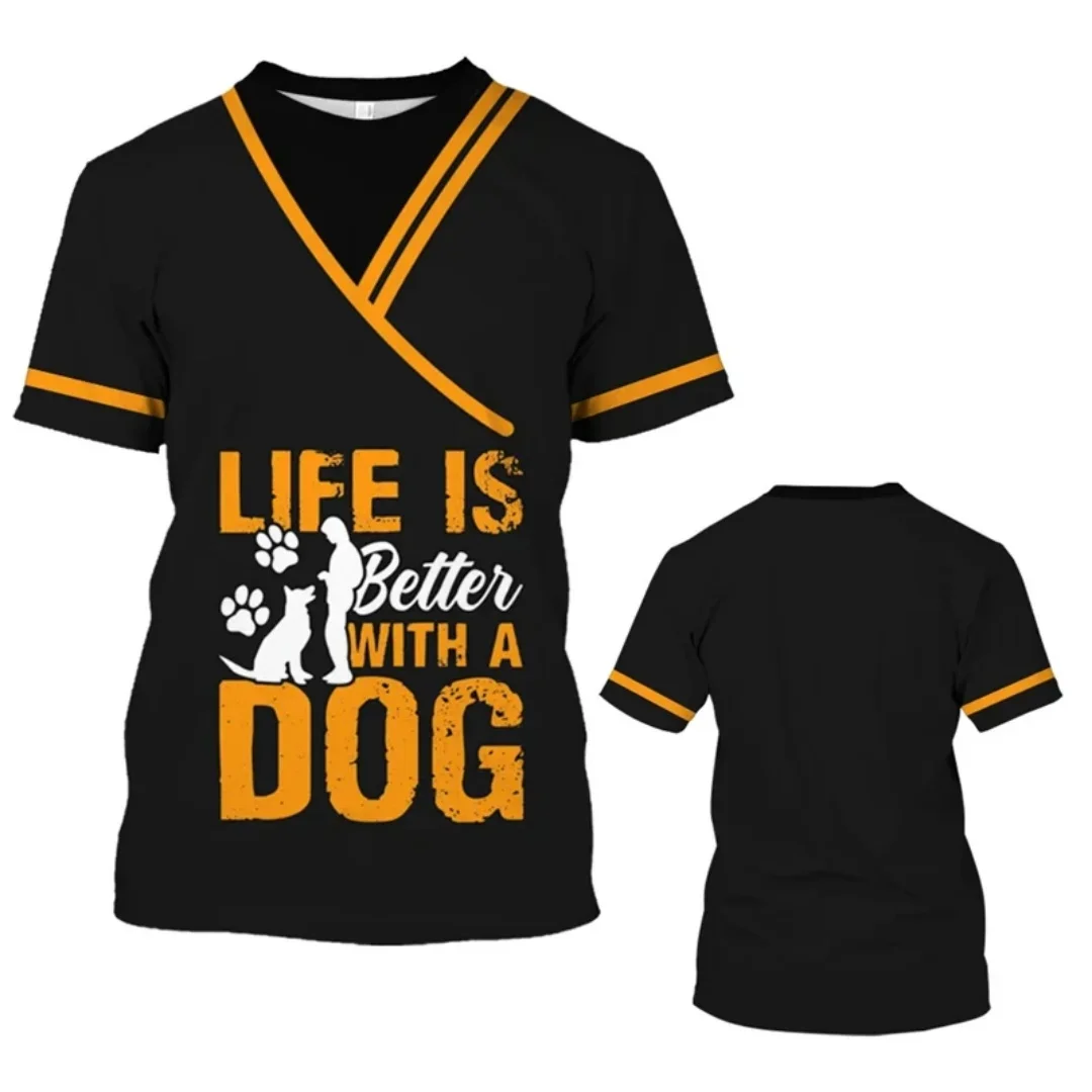 Pet Store Funny Uniform Animal Dog Groomer 3D Print T Shirts Work Clothing Daily Casual Round Neck T-shirt Short Sleeve Tops